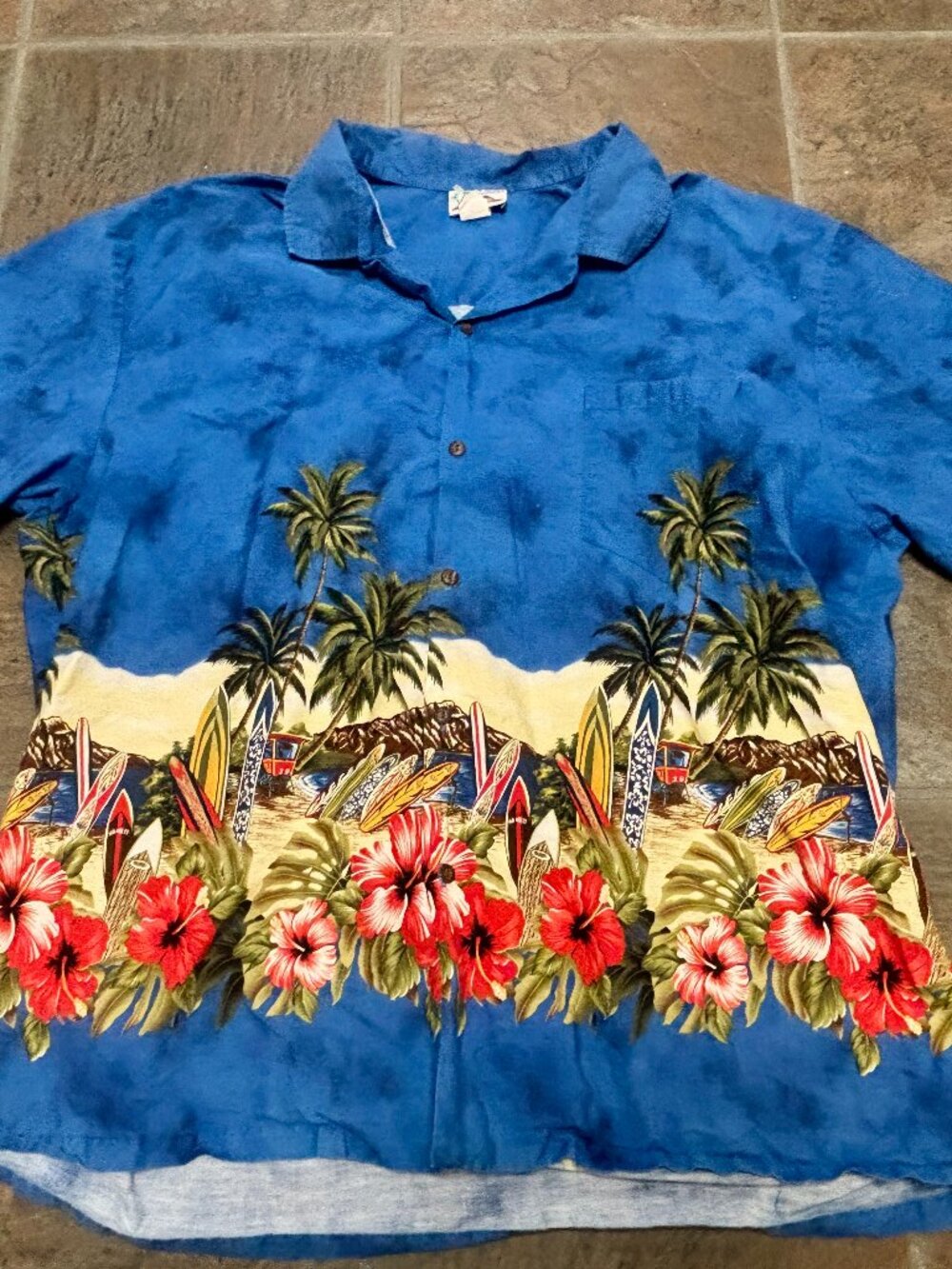 ~~CT Hawaii Blue Hawaiian Aloha Shirt XXXL Surf Palms Red Hibiscus Border  *****